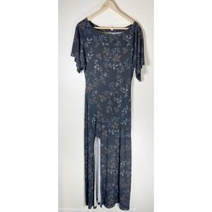Free People Black Floral Print Maxi Dress NWOT High Slit XS Butterfly Sleeves‎